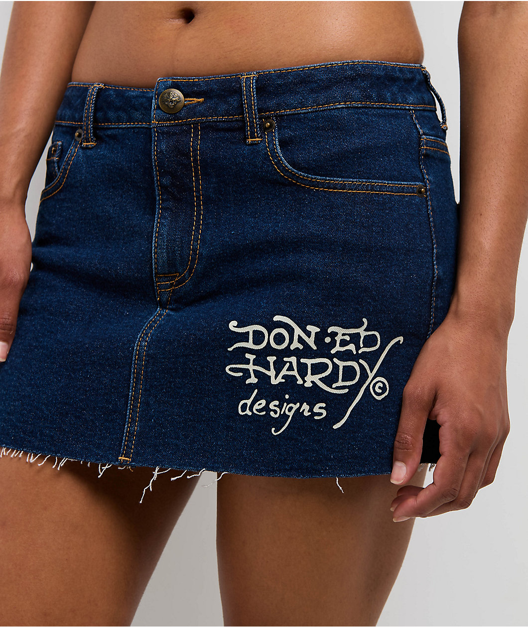 Ed Hardy Tattoo Collage Dark Denim Cutoff Mini Skirt