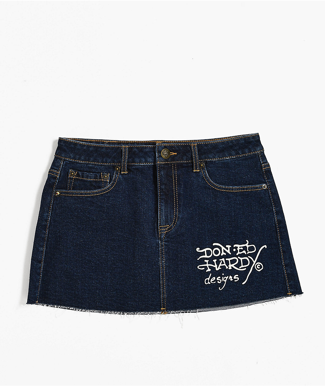 Ed Hardy Tattoo Collage Dark Denim Cutoff Mini Skirt