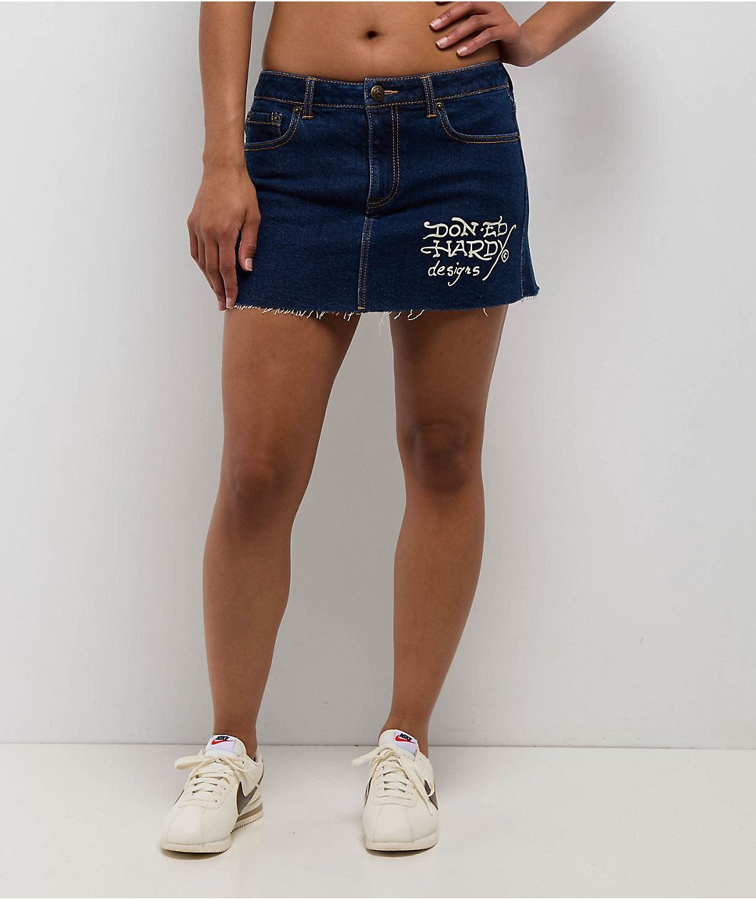 Ed Hardy Tattoo Collage Dark Denim Cutoff Mini Skirt