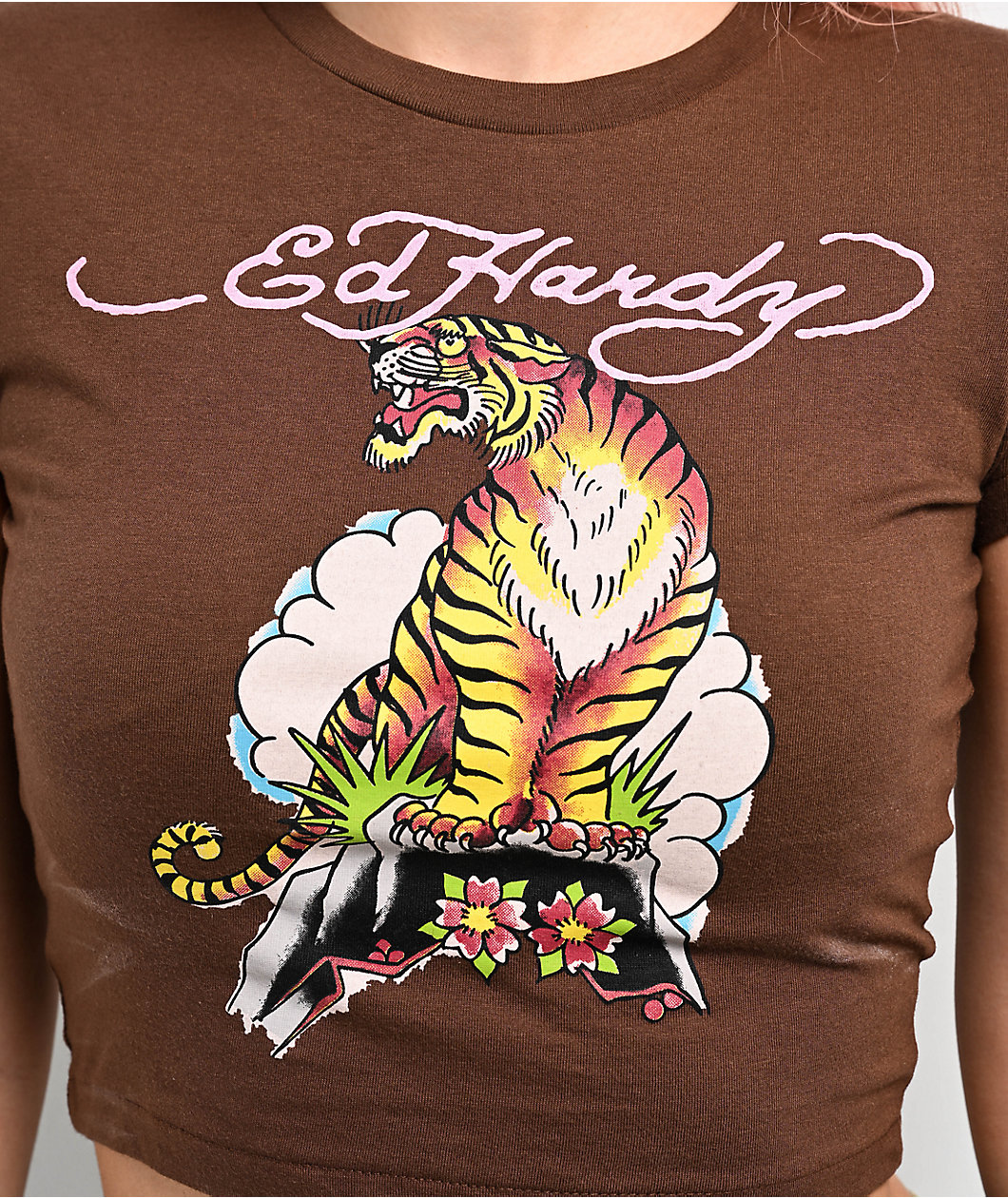 Ed Hardy Tiger Cloud Brown Crop T-Shirt