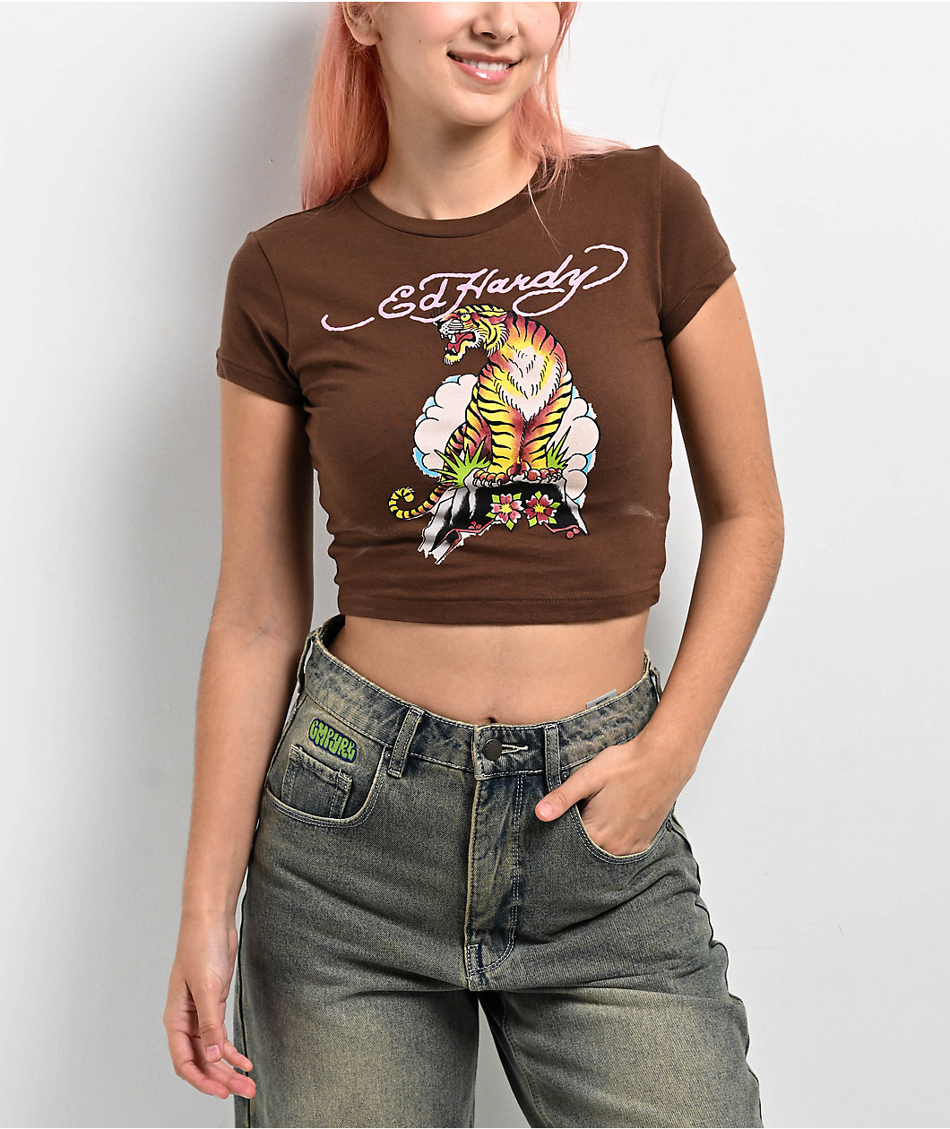 Ed Hardy Tiger Cloud Brown Crop T-Shirt