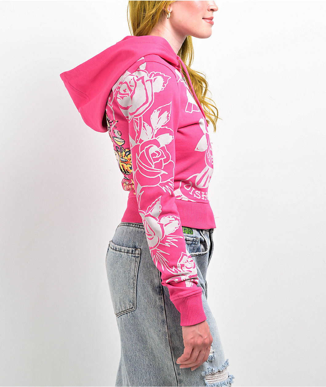 Ed Hardy Tiger Crown Pink Crop Zip Hoodie