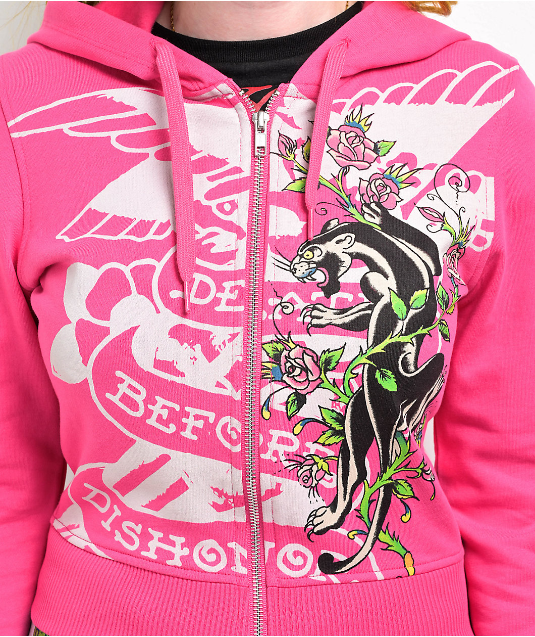 Ed Hardy Tiger Crown Pink Crop Zip Hoodie