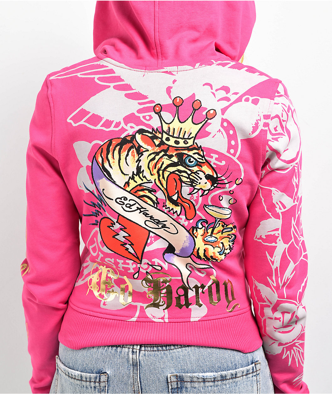 Ed Hardy Tiger Crown Pink Crop Zip Hoodie