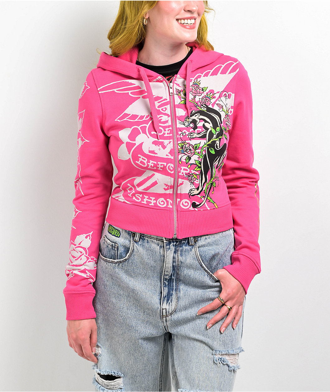 Ed Hardy Tiger Crown Pink Crop Zip Hoodie