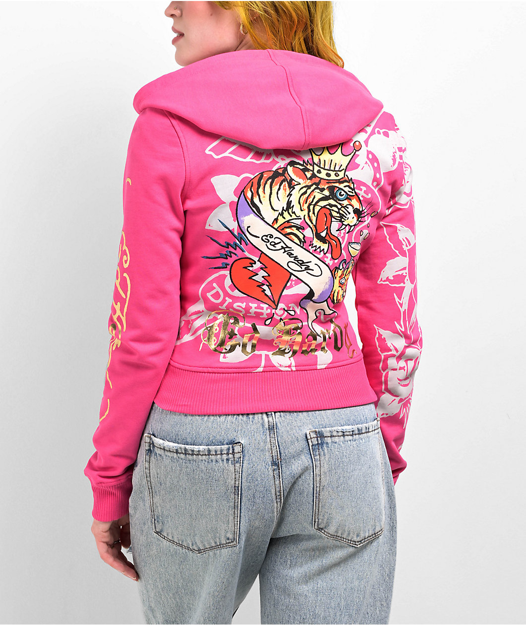 Ed Hardy Tiger Crown Pink Crop Zip Hoodie