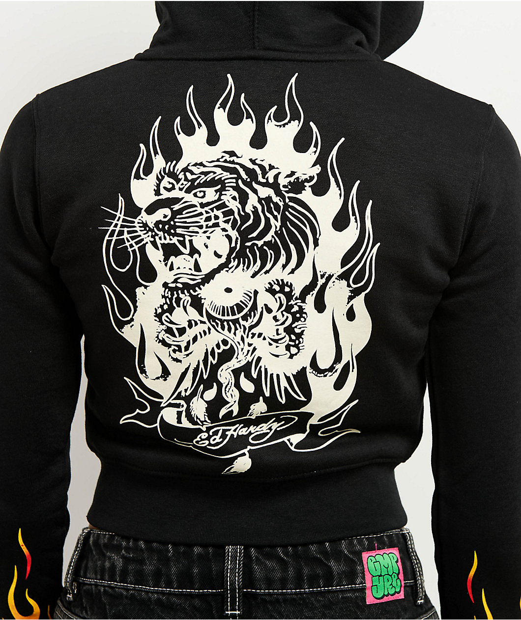 Ed Hardy Tiger Flame Black Crop Zip Hoodie