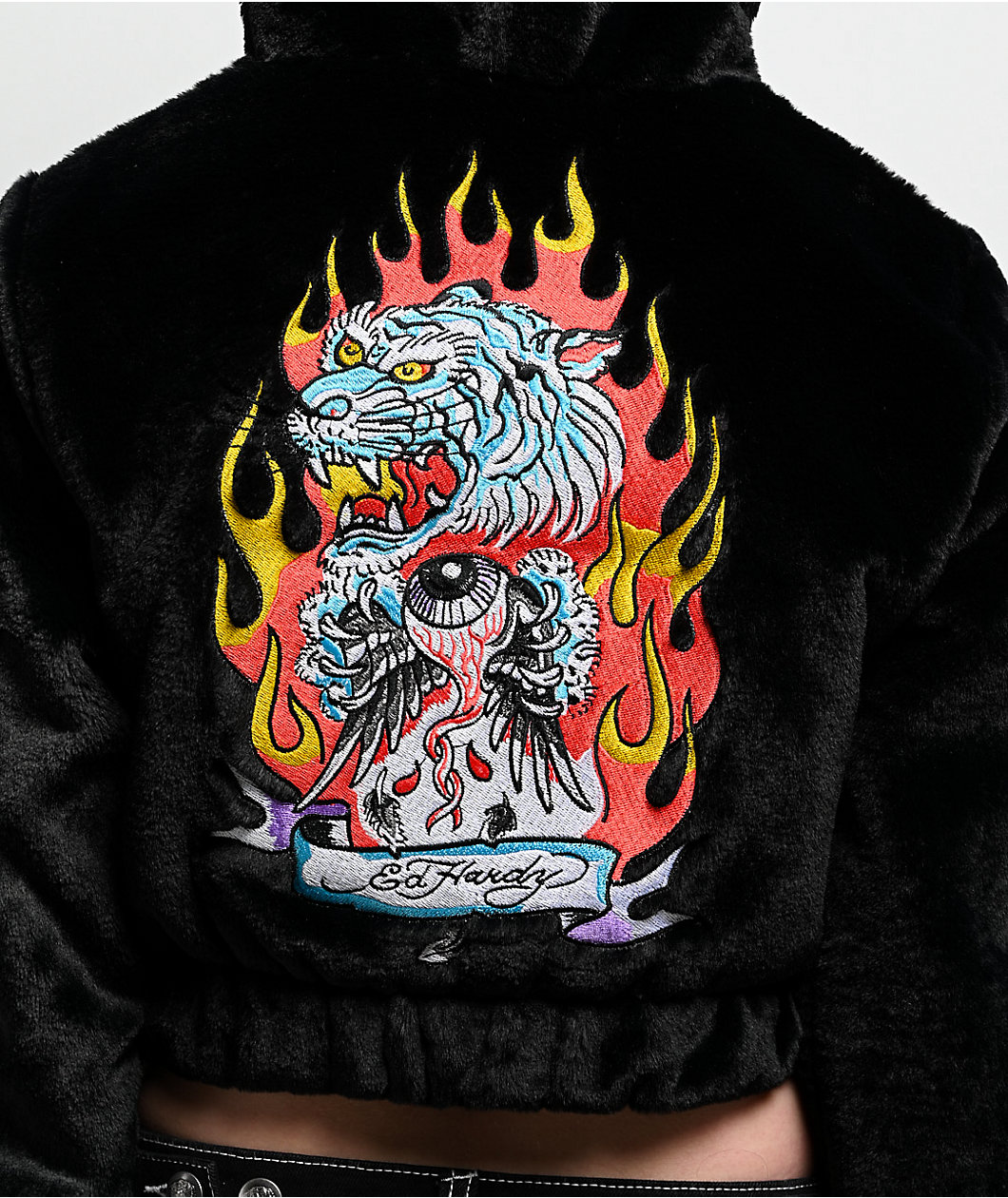 Ed Hardy Tiger Flame Black Plush Zip Hoodie