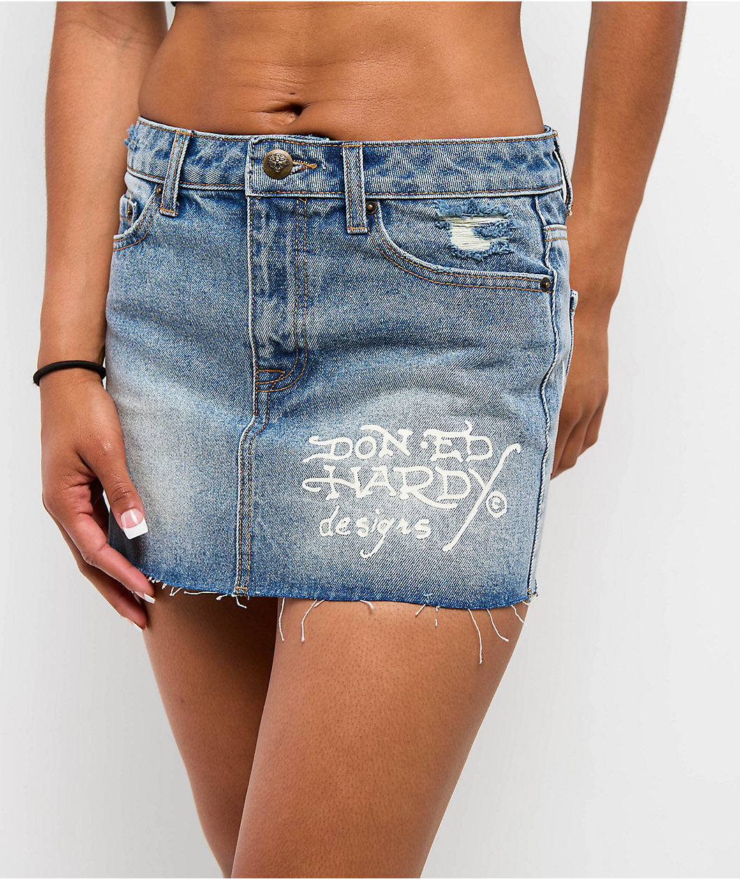 Ed Hardy Tiger Flowers Medium Wash Denim Skirt
