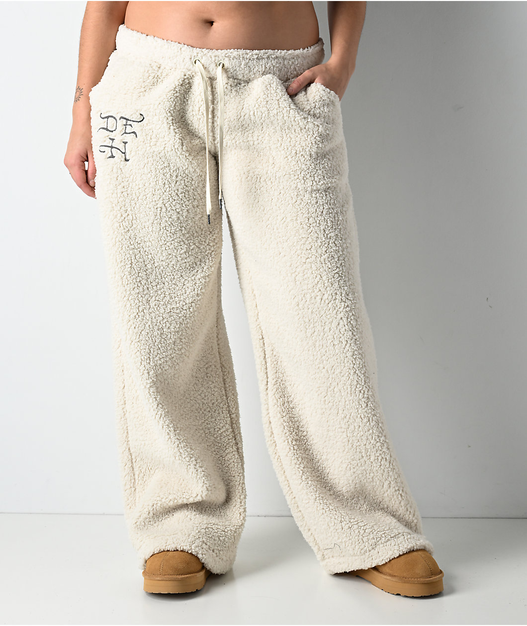 Ed Hardy Tiger Ivory Sherpa Wide Leg Sweatpants