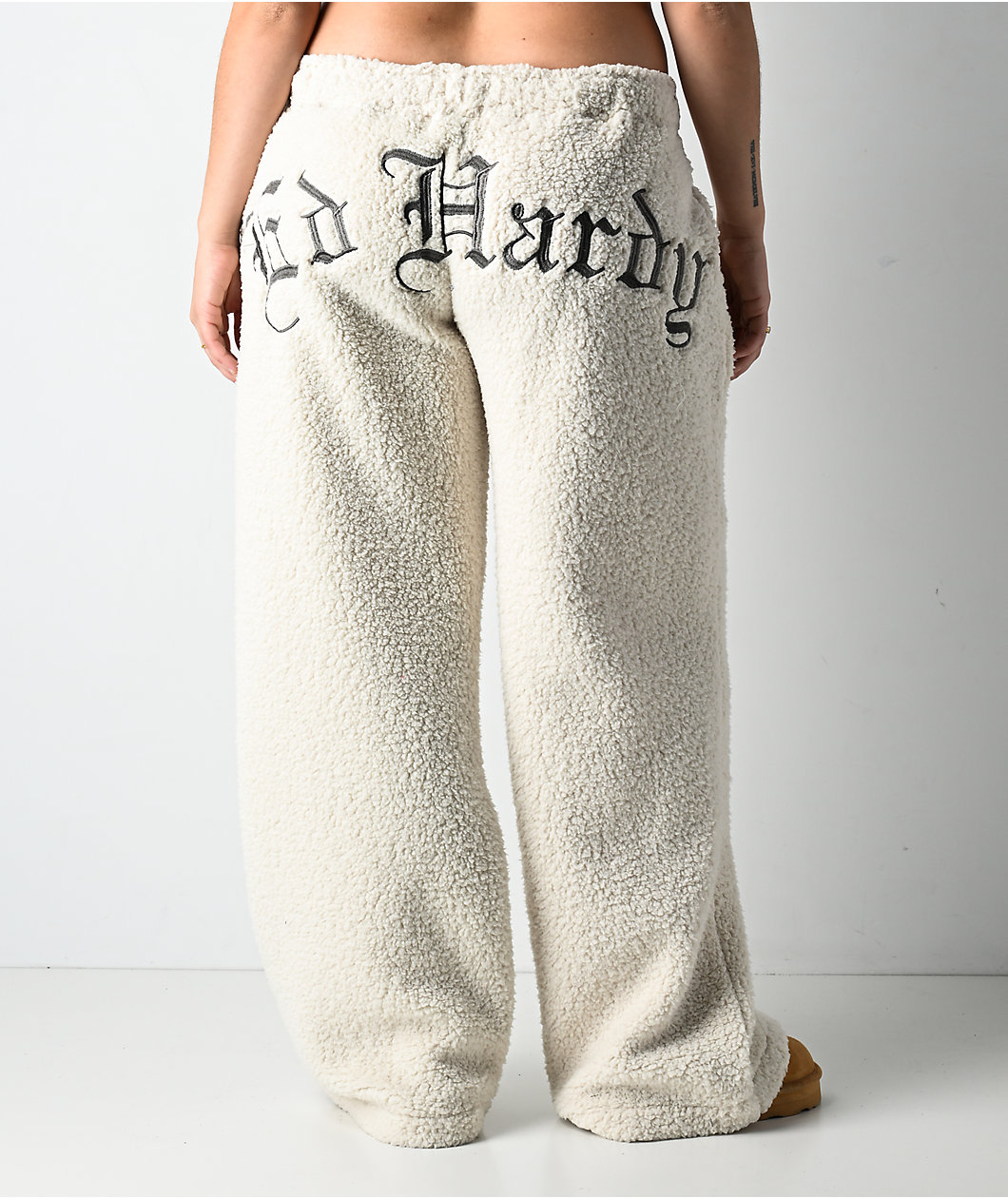 Ed Hardy Tiger Ivory Sherpa Wide Leg Sweatpants