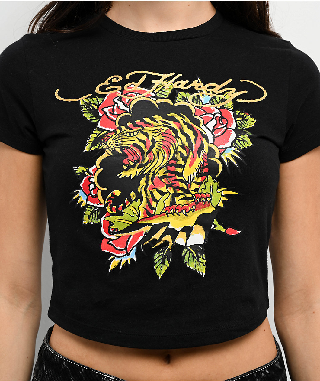Ed Hardy Tiger Rose Black Crop T-Shirt