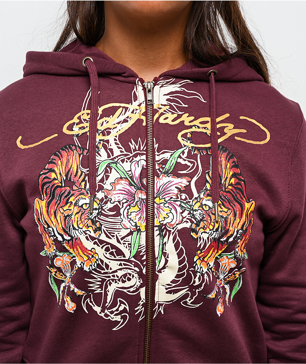 Ed Hardy Tigers Fig Burgundy Boxy Crop Zip Hoodie