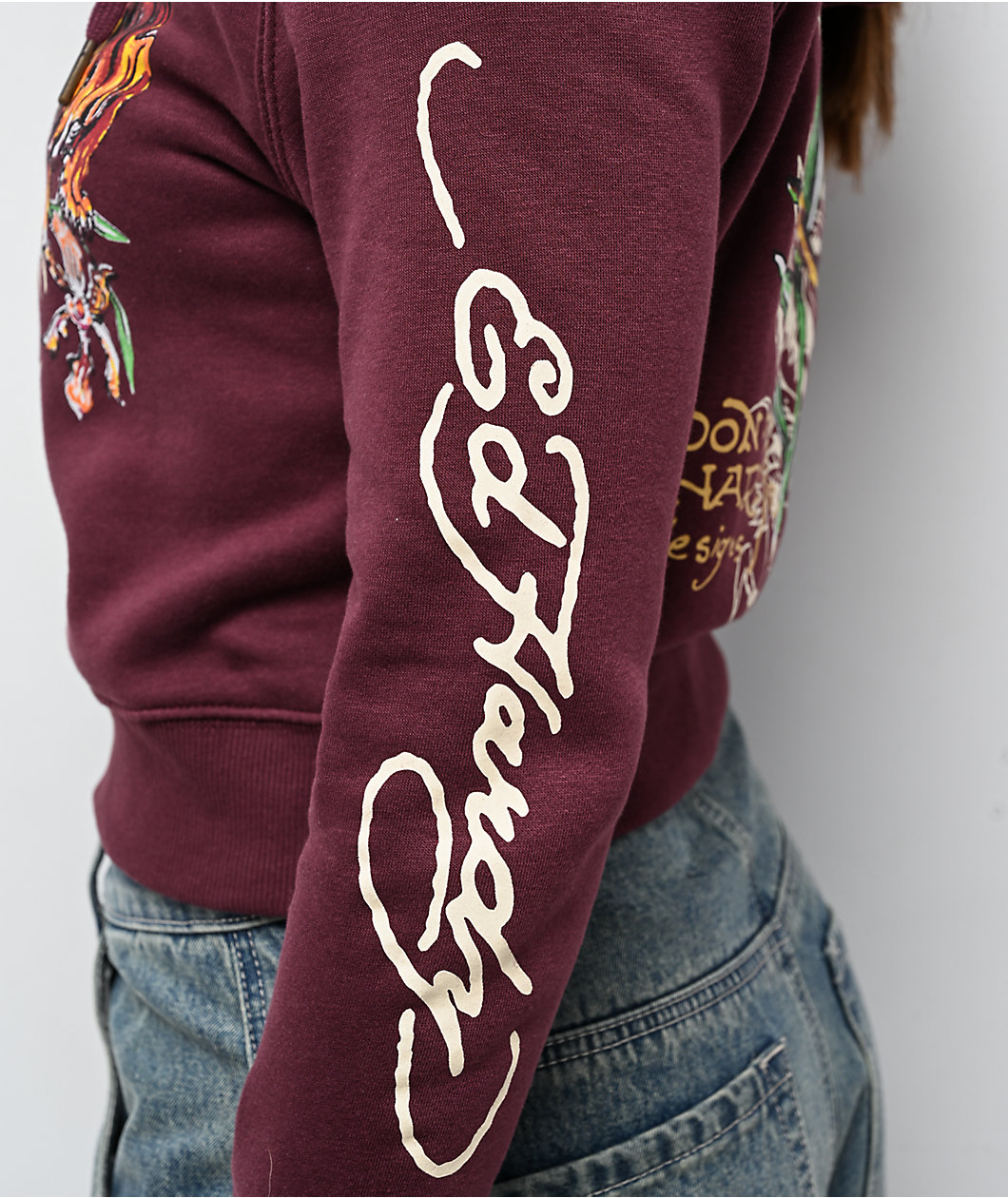 Ed Hardy Tigers Fig Burgundy Boxy Crop Zip Hoodie