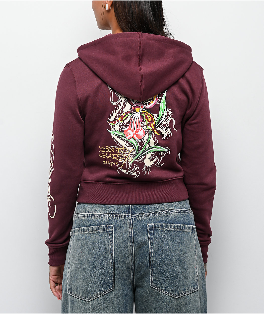 Ed Hardy Tigers Fig Burgundy Boxy Crop Zip Hoodie
