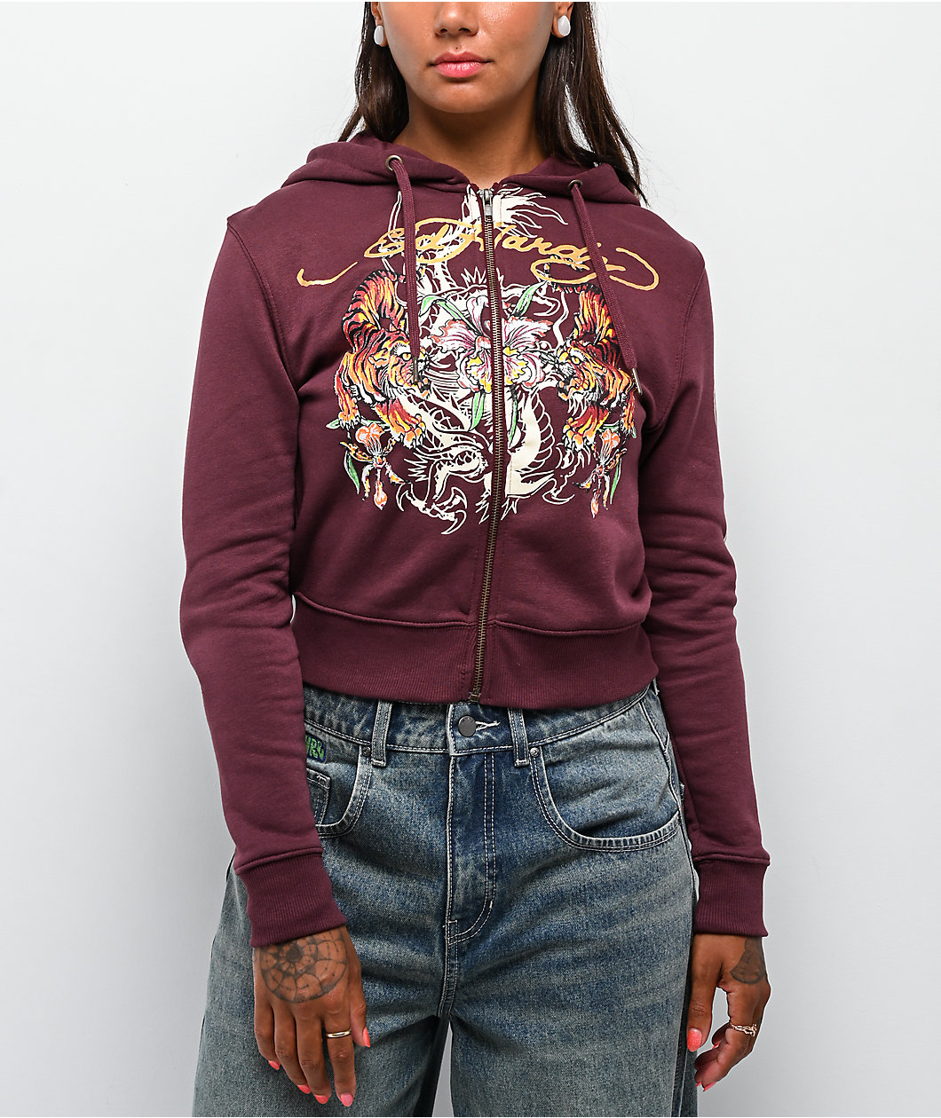 Ed Hardy Tigers Fig Burgundy Boxy Crop Zip Hoodie
