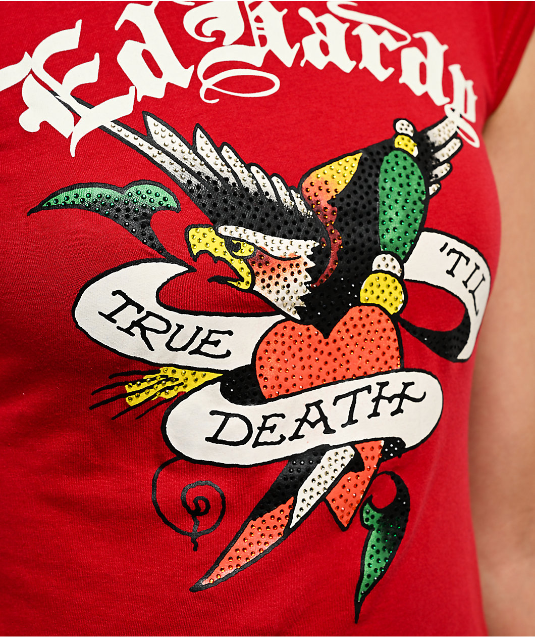 Ed Hardy True Eagle Rhinestone Red Cap Sleeve T-Shirt