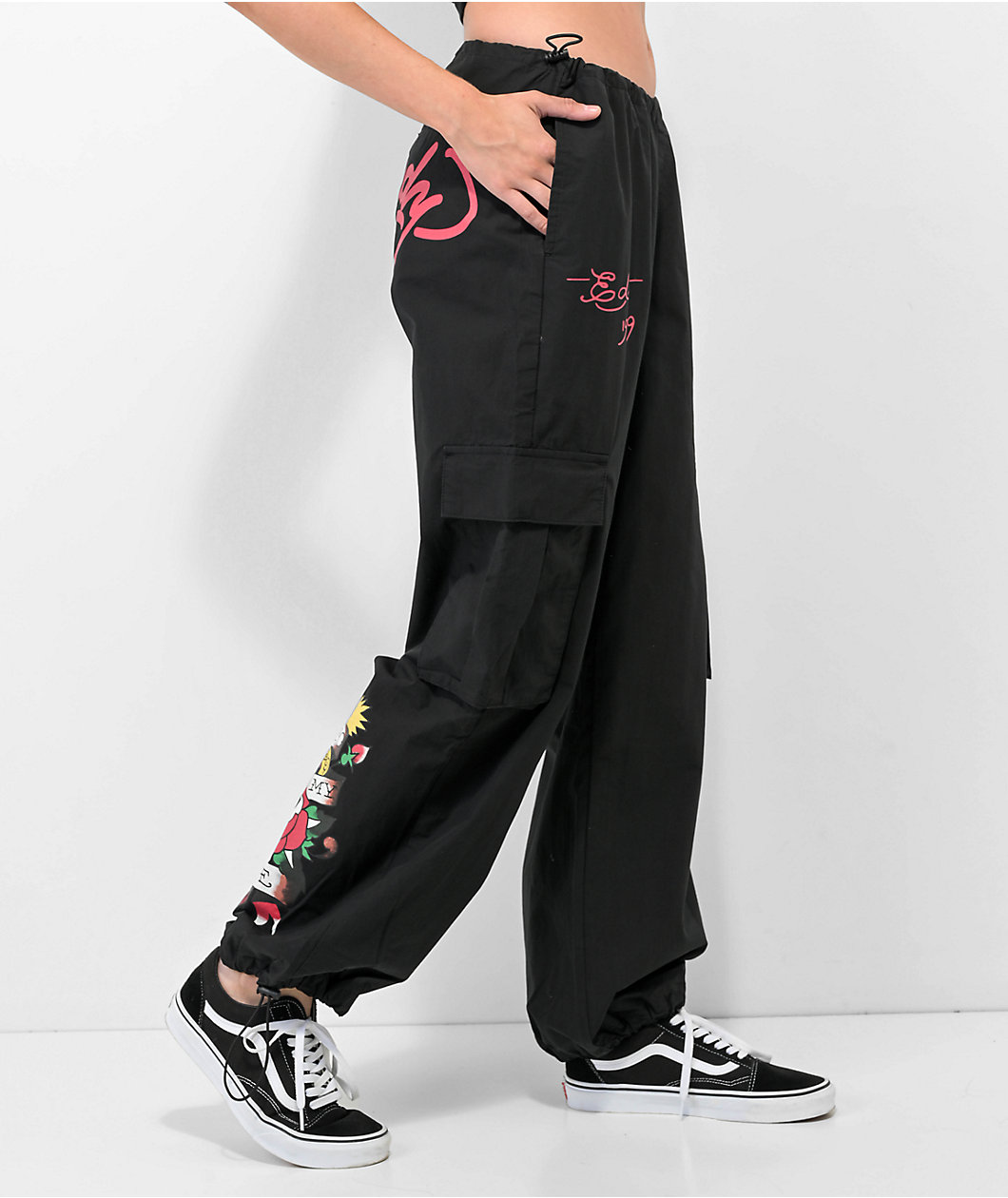Ed Hardy True Love Black Cargo Parachute Pants