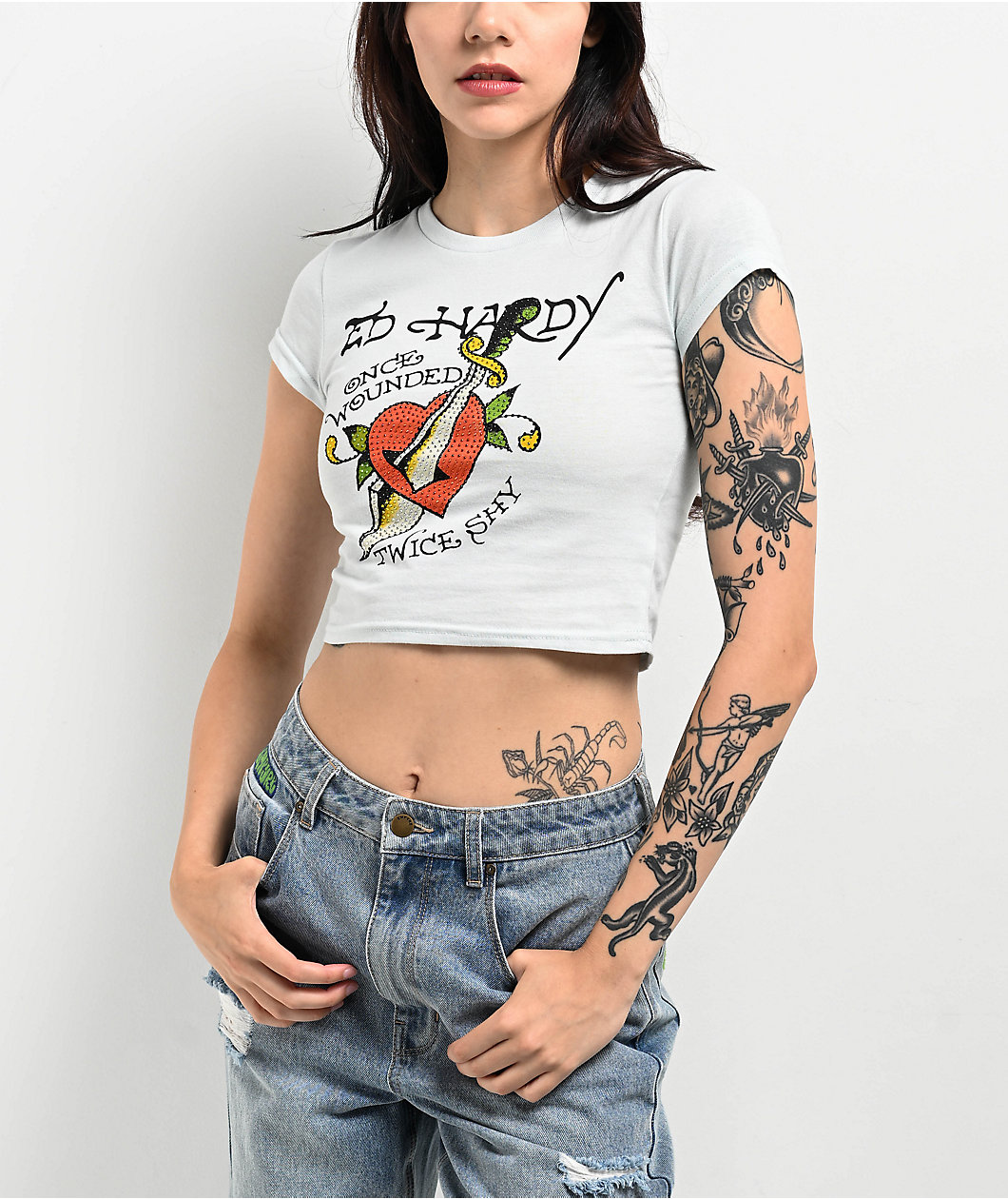 Ed Hardy Twice Shy Rhinestone Arctic Blue Crop T-Shirt