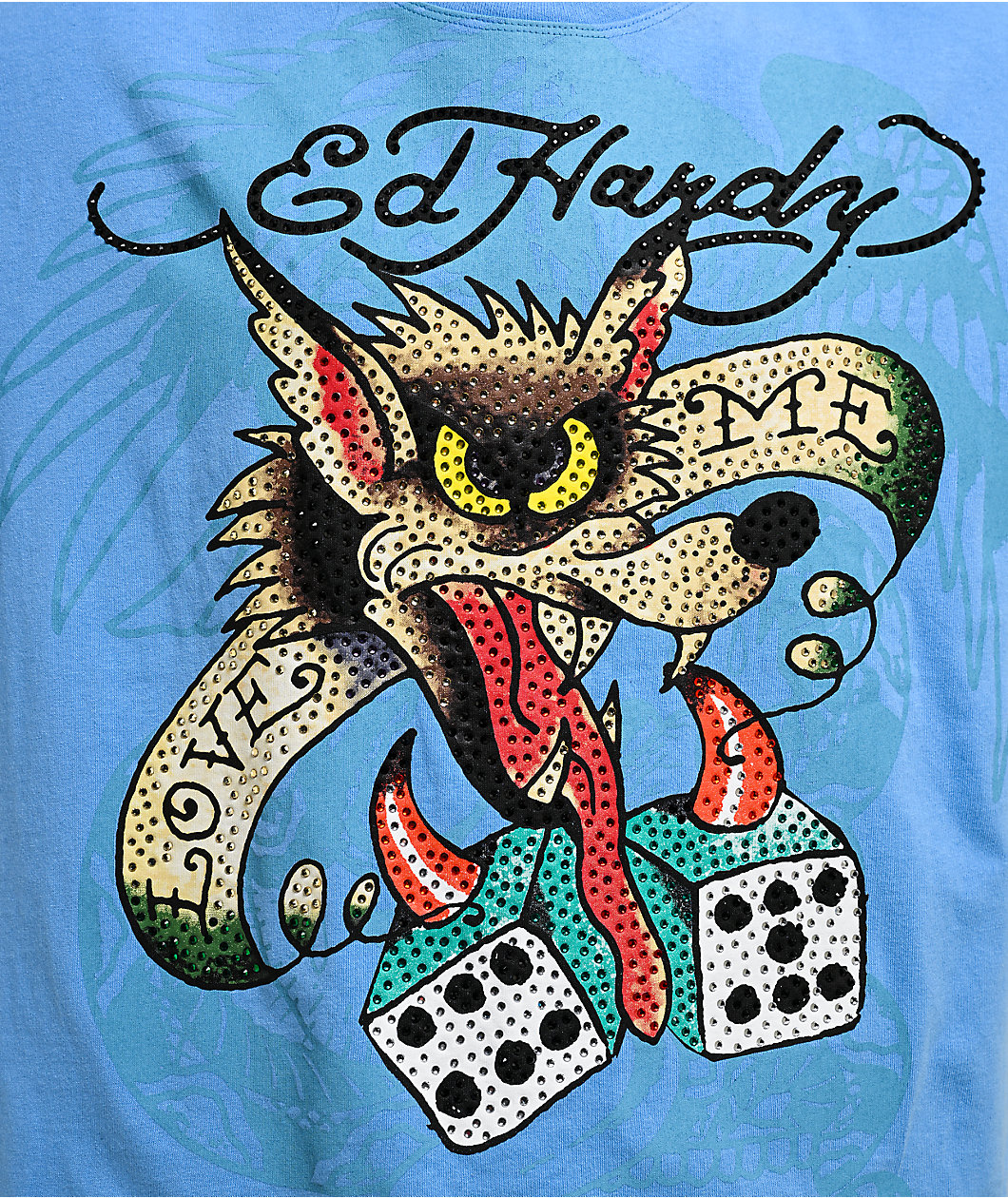 Ed Hardy Wolf Dice Rhinestone Blue T-Shirt