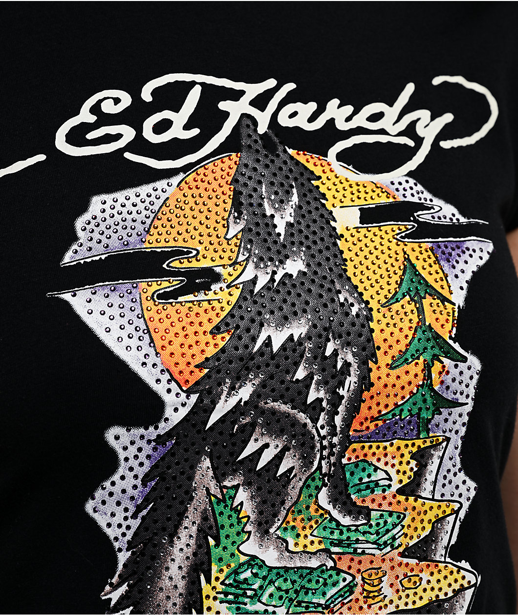 Ed Hardy Wolf Rhinestone Black Cap Sleeve T-Shirt