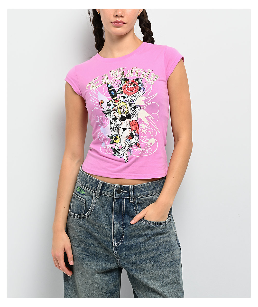 Ed Hardy YOLO Girl Rhinestone Pink Cap Sleeve T-Shirt