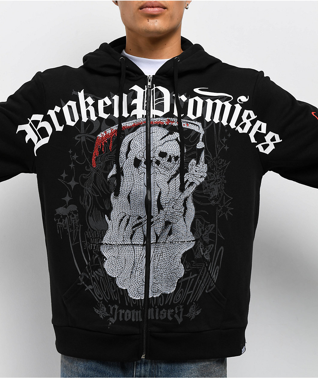 Ed Hardy x Broken Promises Deaths Shadow Rhinestone Black Zip Hoodie