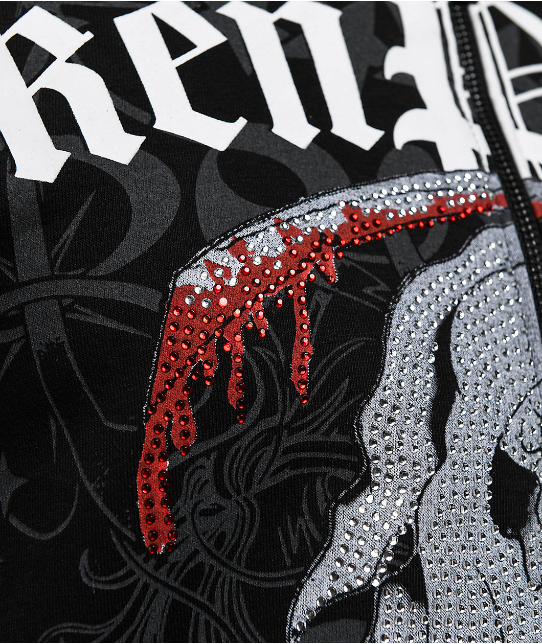 Ed Hardy x Broken Promises Deaths Shadow Rhinestone Black Zip Hoodie