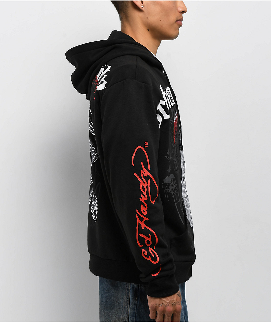Ed Hardy x Broken Promises Deaths Shadow Rhinestone Black Zip Hoodie
