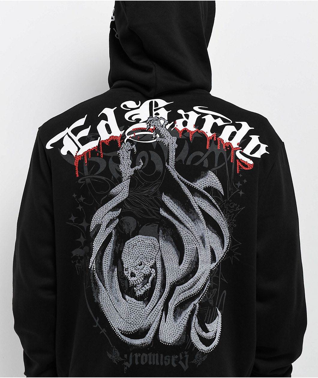 Ed Hardy x Broken Promises Deaths Shadow Rhinestone Black Zip Hoodie