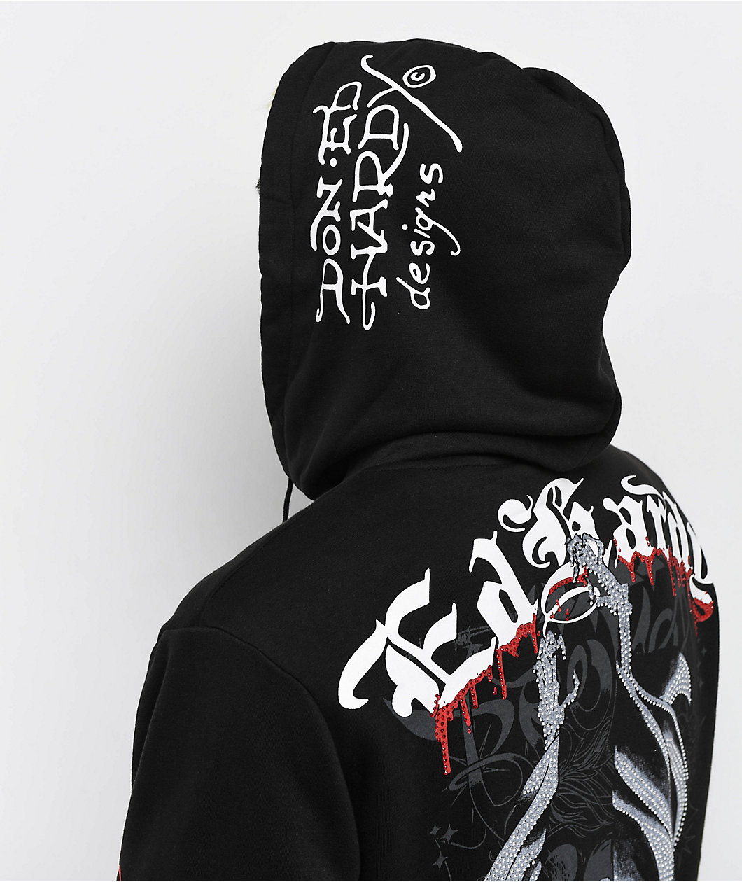 Ed Hardy x Broken Promises Deaths Shadow Rhinestone Black Zip Hoodie