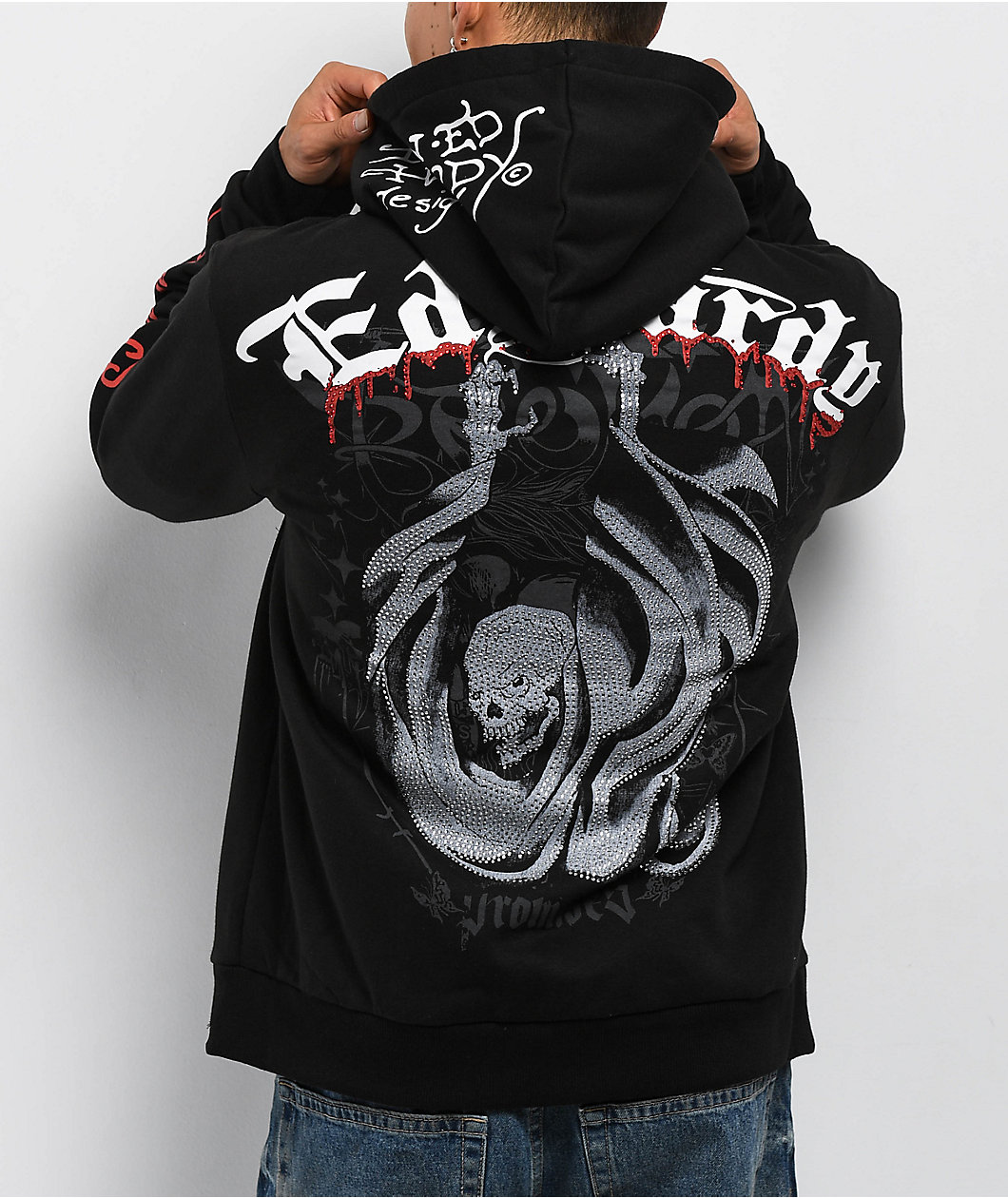 Ed Hardy x Broken Promises Deaths Shadow Rhinestone Black Zip Hoodie