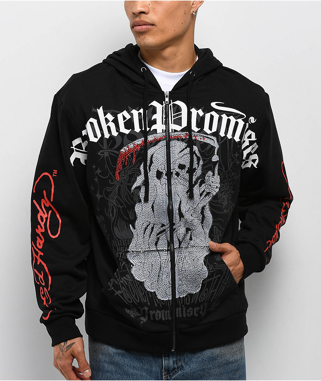 Ed Hardy x Broken Promises Deaths Shadow Rhinestone Black Zip Hoodie
