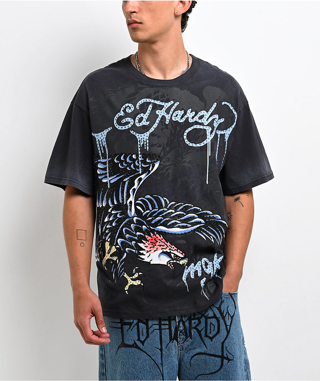 Ed Hardy x EST 19XX Rhinestone Eagle Black Wash T-Shirt