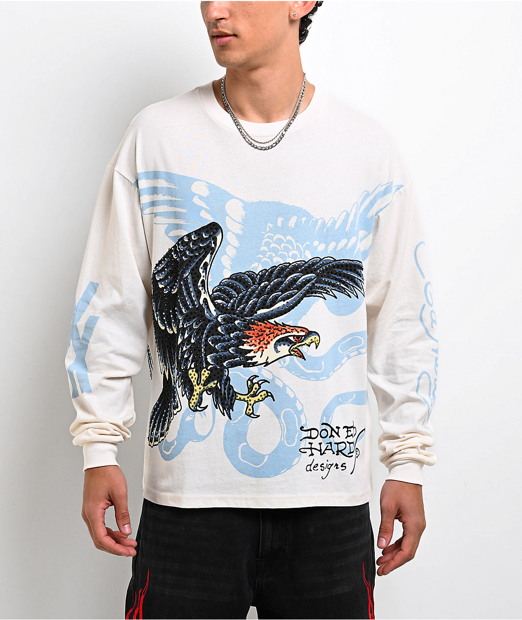 Ed Hardy x EST 19XX Rhinestone Eagle Cream Long Sleeve T-Shirt