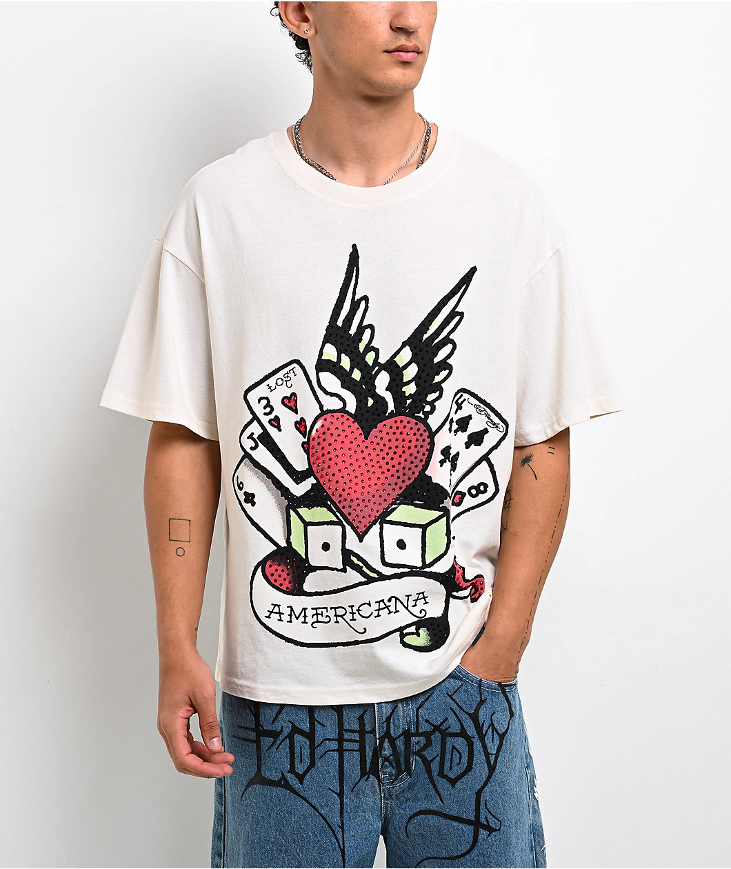 Ed Hardy x EST 19XX Rhinestone Gambler Cream T-Shirt