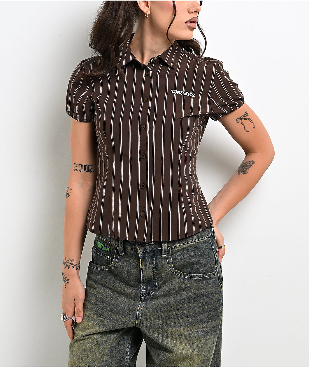 Empyre Alana Brown Pinstripe Button Up Shirt