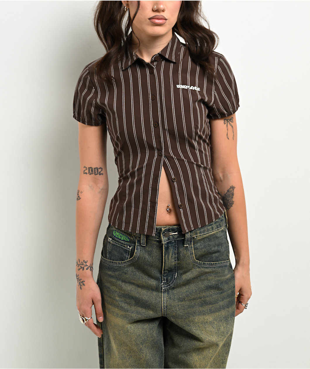 Empyre Alana Brown Pinstripe Button Up Shirt