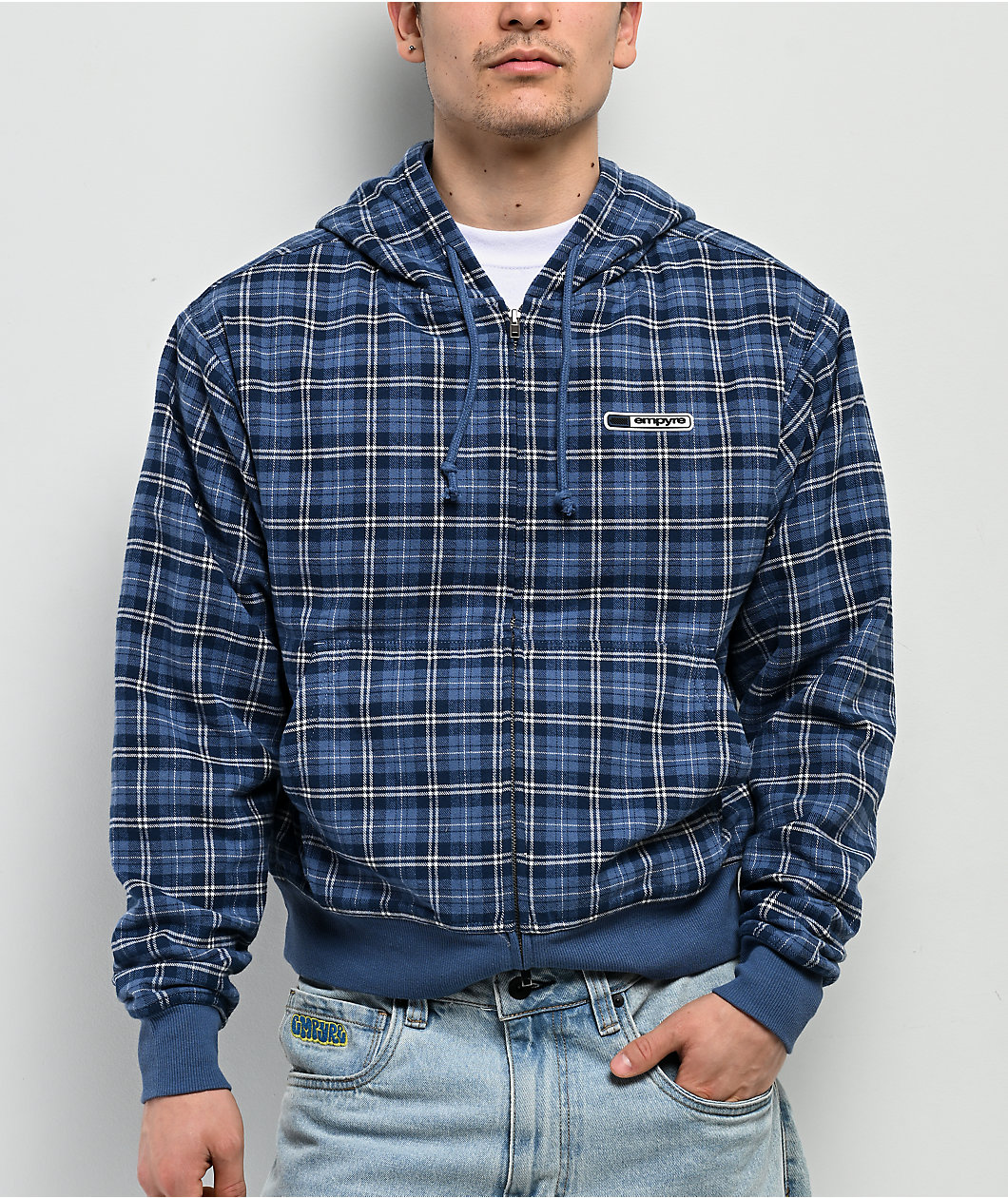 Empyre Beach Blue Plaid Crop Zip Hoodie