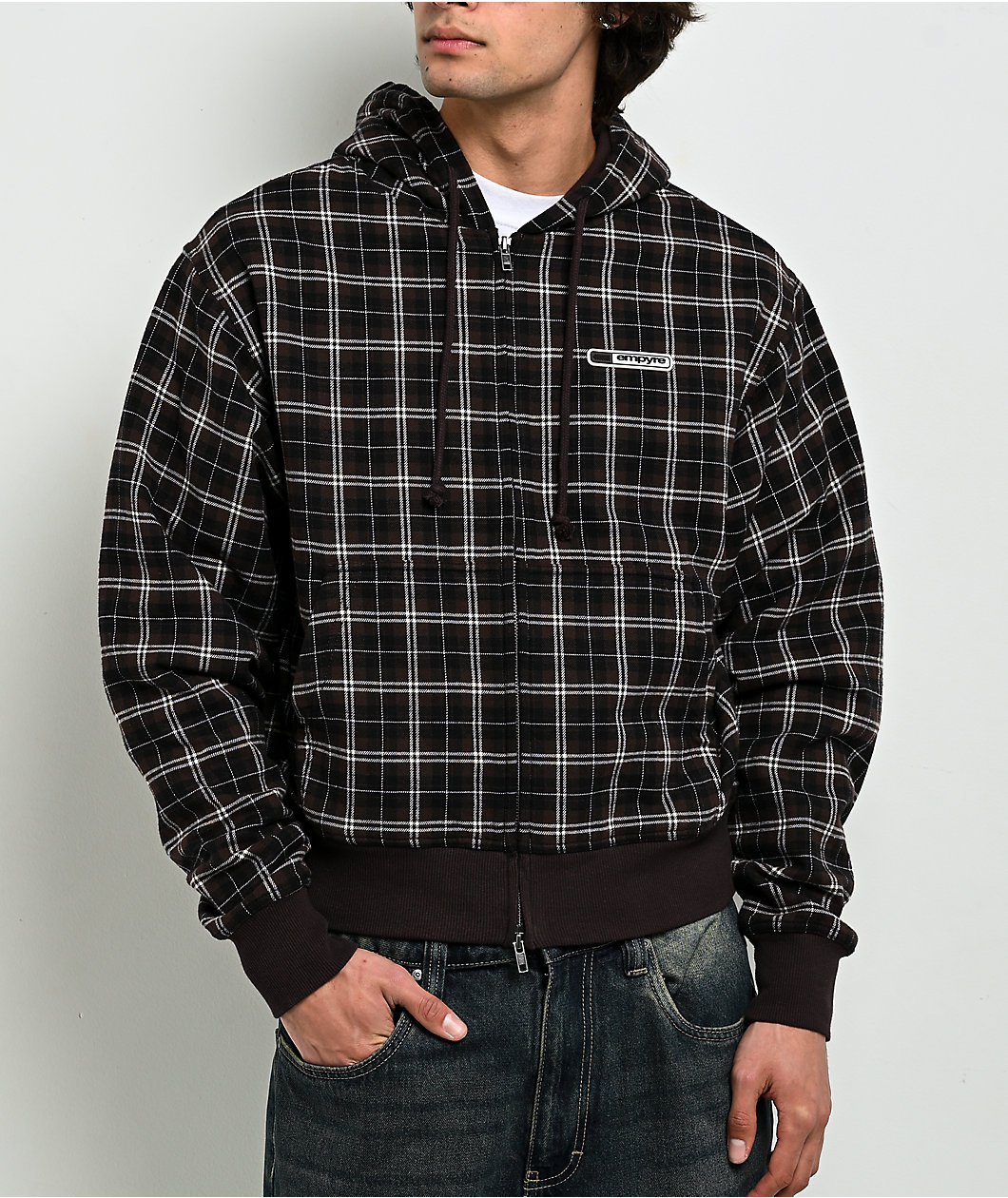 Empyre Beach Brown Plaid Crop Zip Hoodie