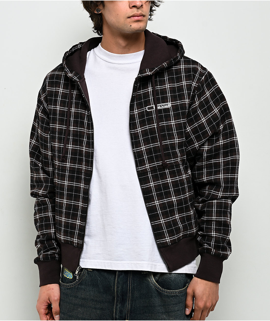 Empyre Beach Brown Plaid Crop Zip Hoodie