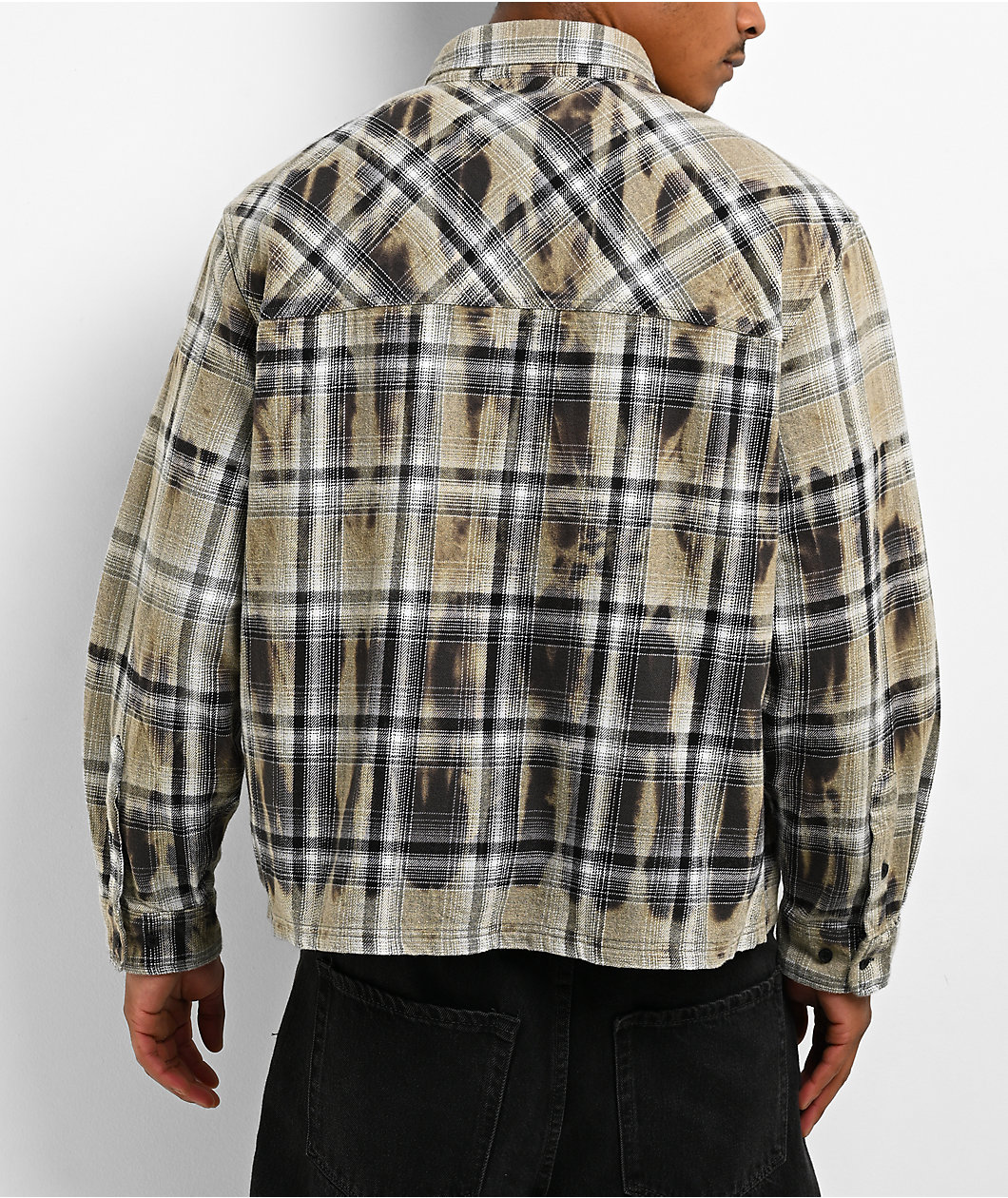 Empyre Bleach Stain Beige Plaid Boxy Crop Flannel Shirt