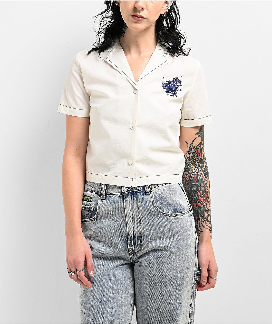 Empyre Bucky Rose Beige Crop Button Up Short Sleeve Shirt