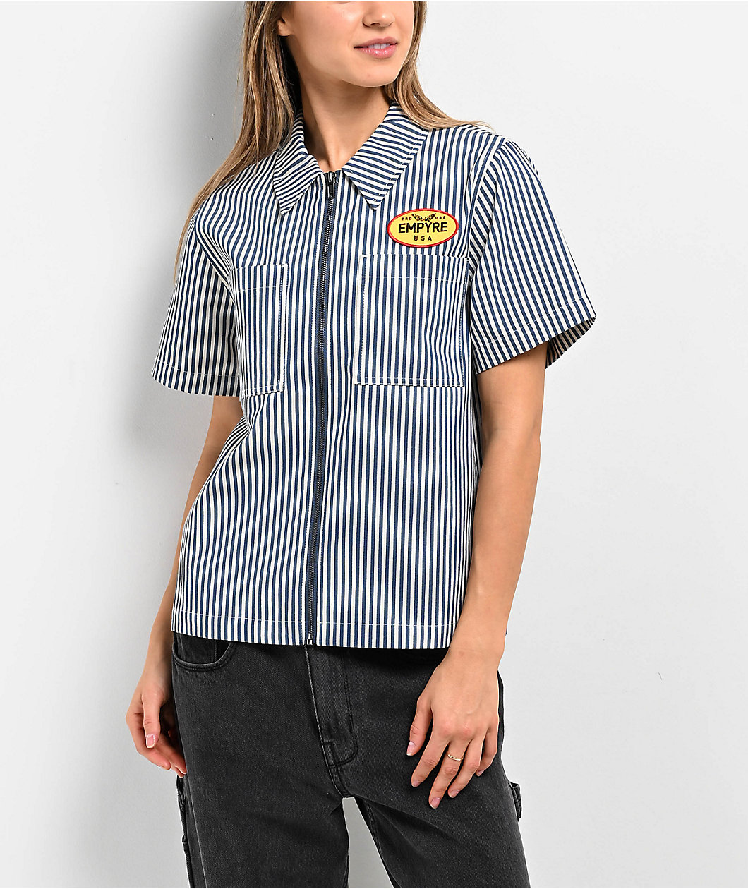 Empyre Buffy Blue & White Stripe Crop Work Shirt