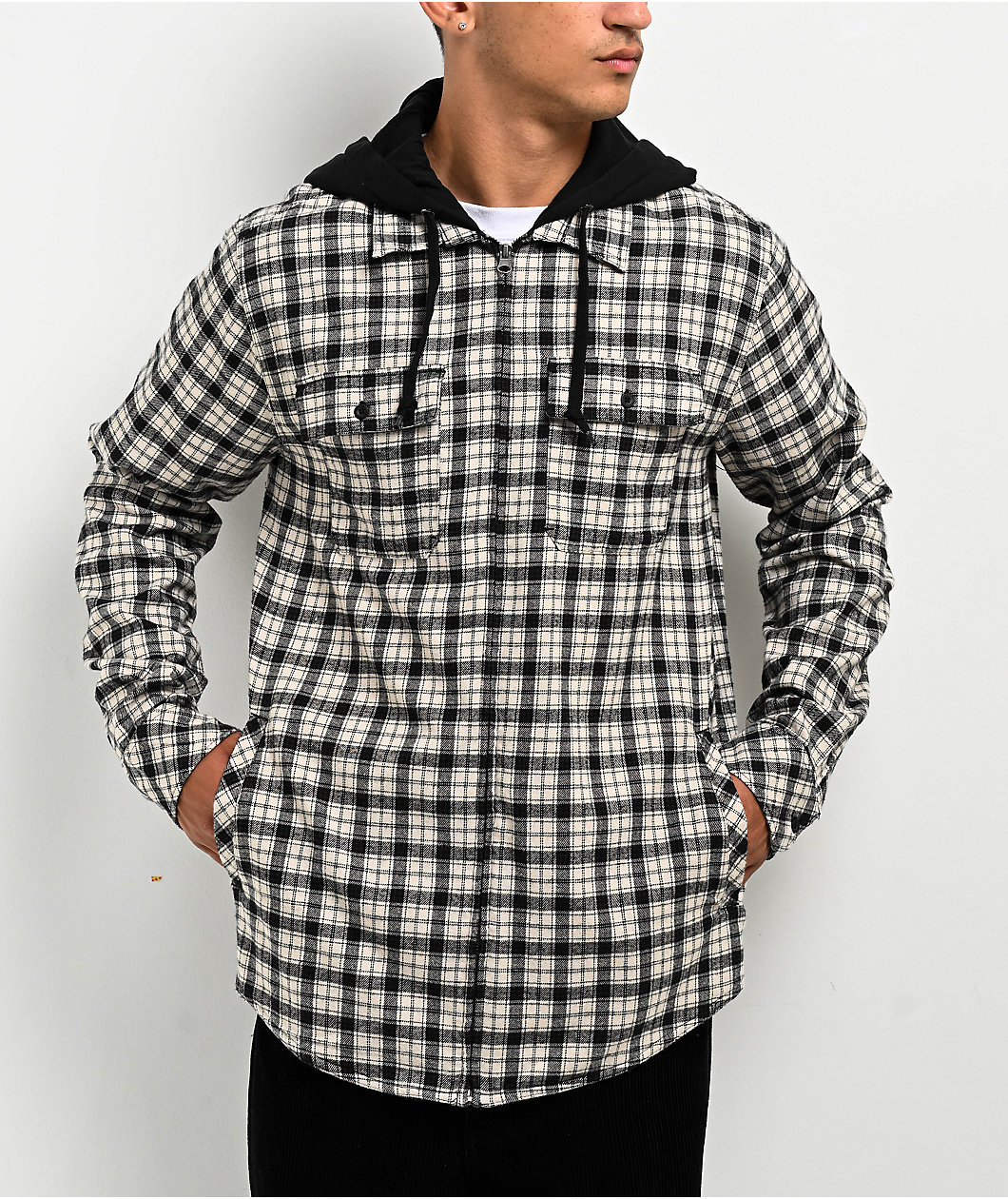 Empyre Chancer Black & Cream Plaid Hooded Zip Flannel Shirt