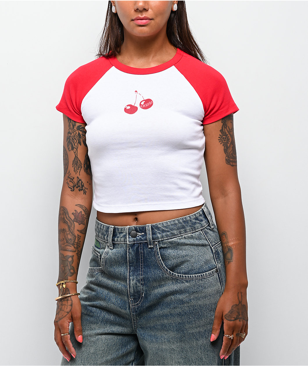 Empyre Cherry Lovin' Red & White Raglan Crop T-Shirt