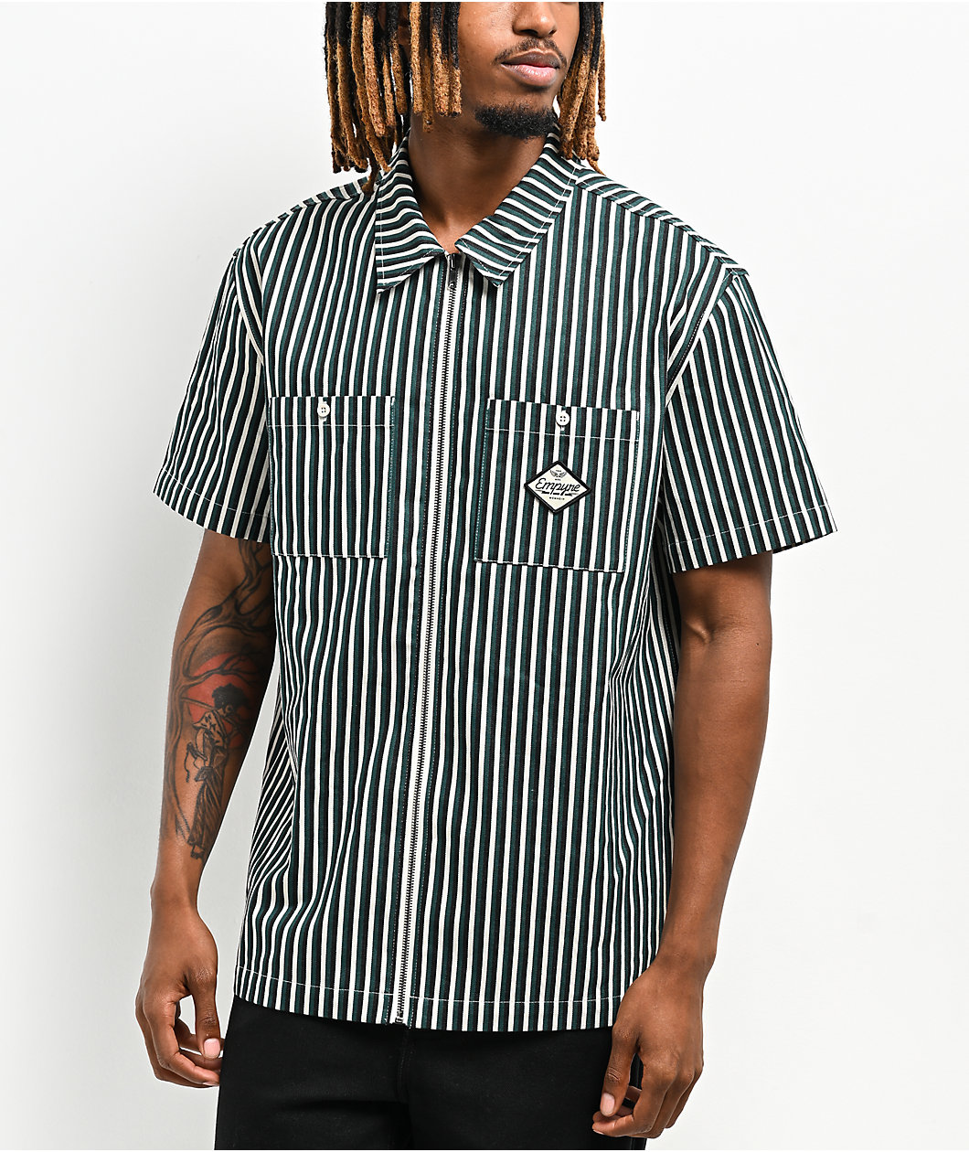 Empyre Eagle Glen Green & Black Striped Short Sleeve Shirt