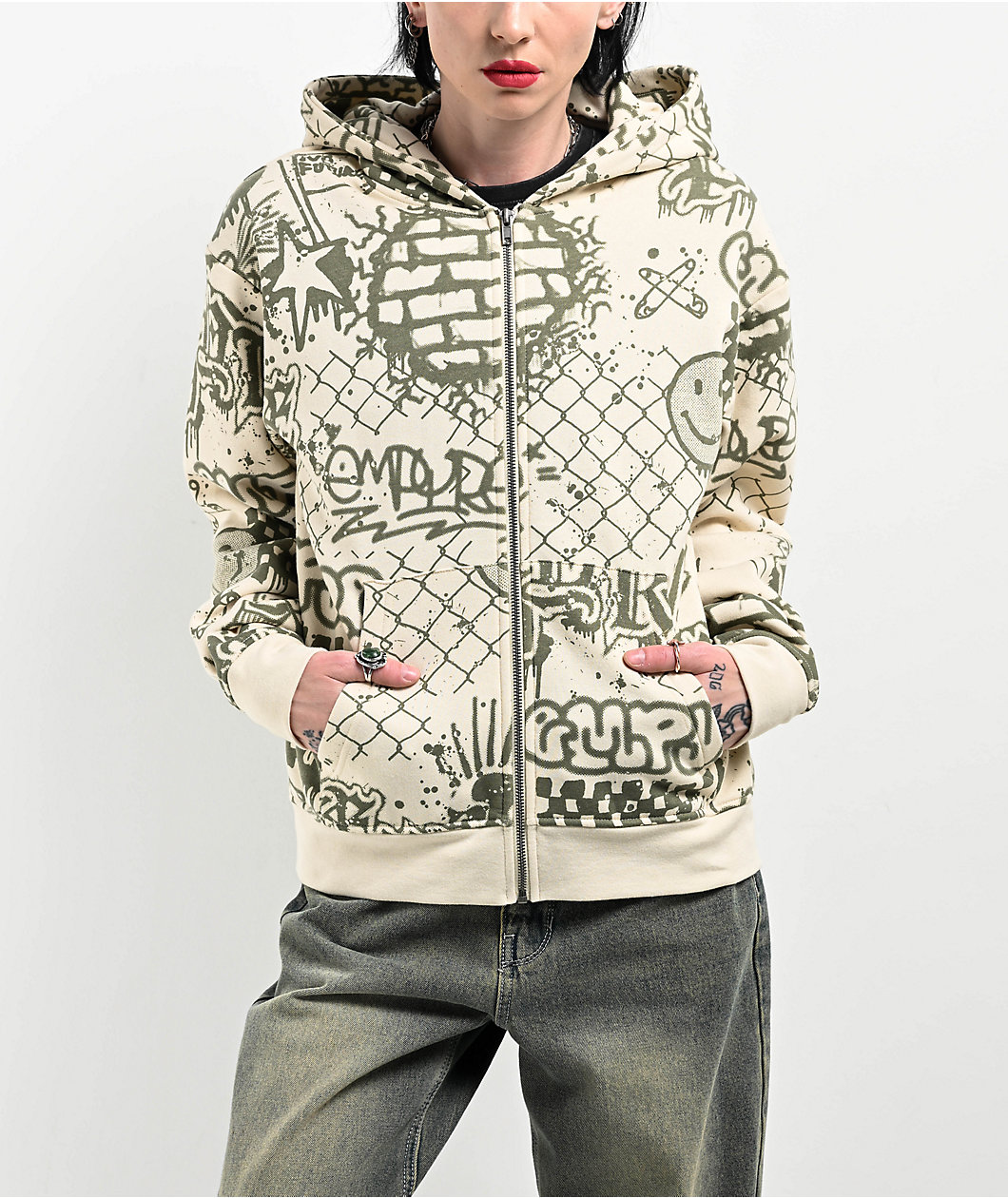 Empyre Ellio Graffiti Cream & Green Zip Hoodie