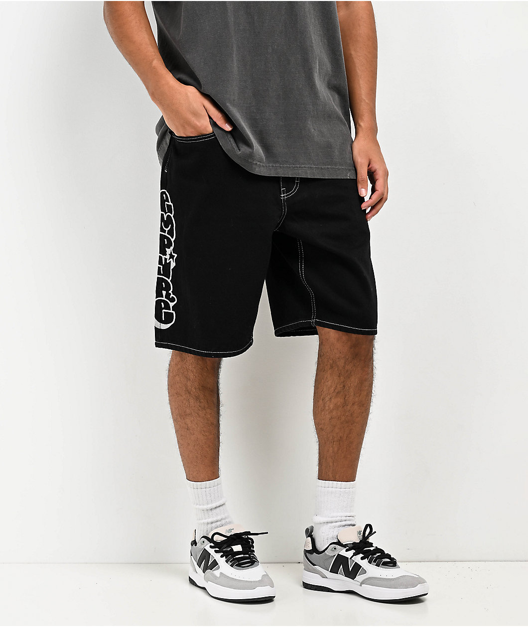 Empyre Embroidered Black Denim Skate Shorts