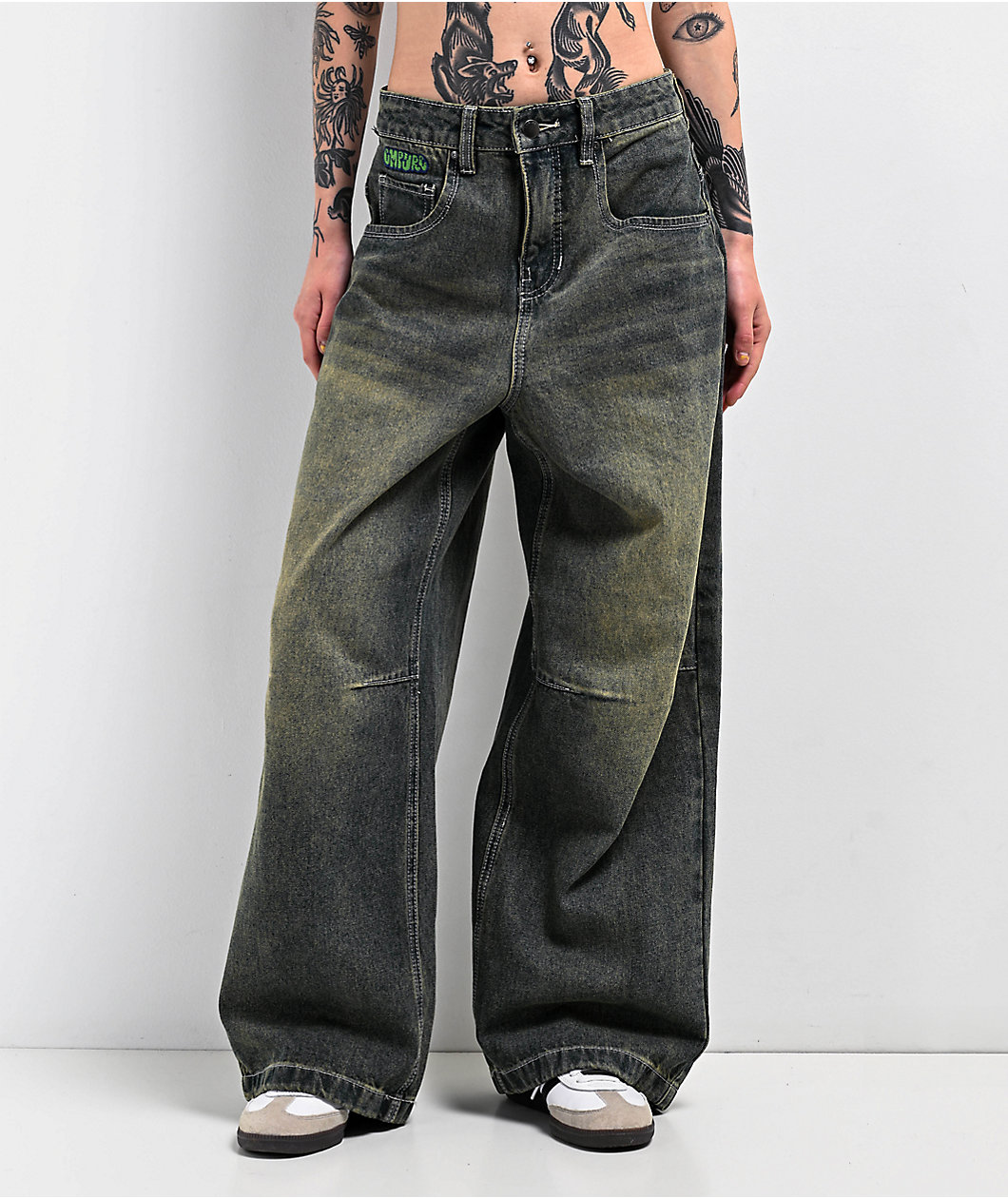 Empyre Extent Petrol Wash Low Rise Wide Leg Jeans